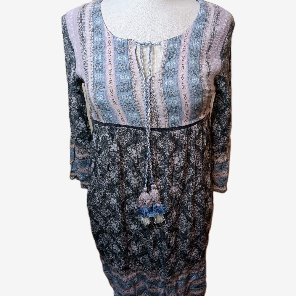 Knox Rose Babydoll TUNIC Dress Tassels BELL SLEEVE Floral Boho Extra Small XS